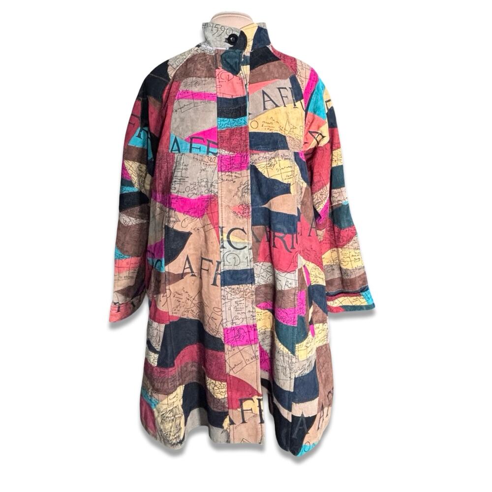 Vintage African Star Suede Leather Coat Map Print Oversized Long Jacket Boho - Picture 7 of 14